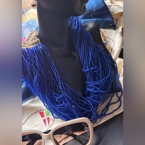 NECKLACE Cobalt Blue Multi-Strand Seed Bead Tribal Boho Hemp & Coin Clasp 22”